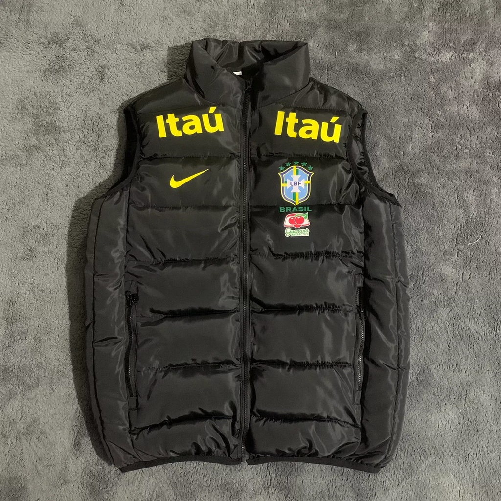 Brazil CBF Men Full‑Zip Black Sponsor Print Padded Football Training Vest